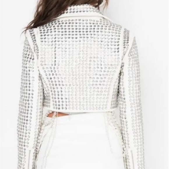 White Studded Leather Biker Jacket - Women's Rhinestone Detail - Picture 2 of 3